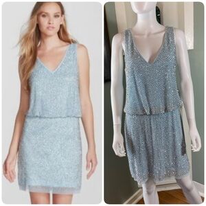 Xscape Light Blue Silver Metallic Beaded Cocktail Mini Dress Draped Size 10